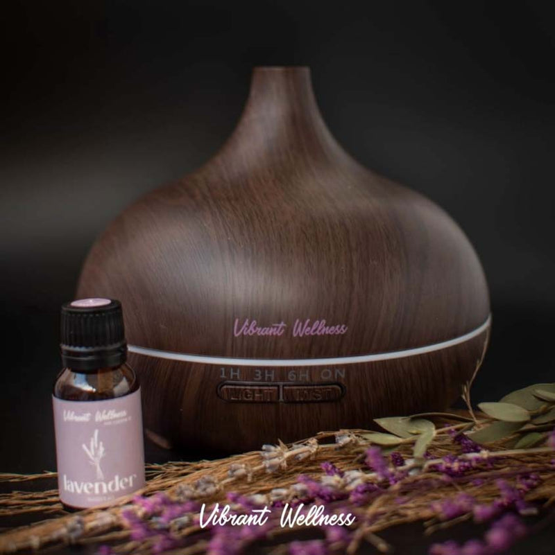 Vibrant Oil Diffuser with lavender essential oil bottle